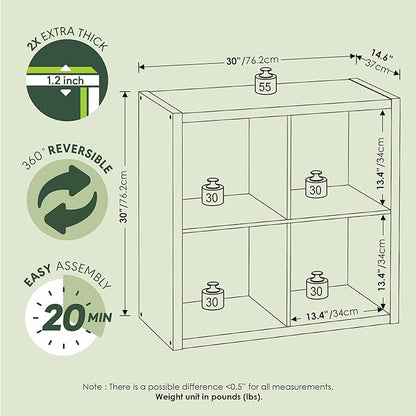 Furinno Cubicle Book Shelf, 4-Cube Thick Frame Bookshelf, Reversible Bookcase with Open Back, 14.6" x 30" x 30", for Living Room, Bedroom, Home Office, Sage Green