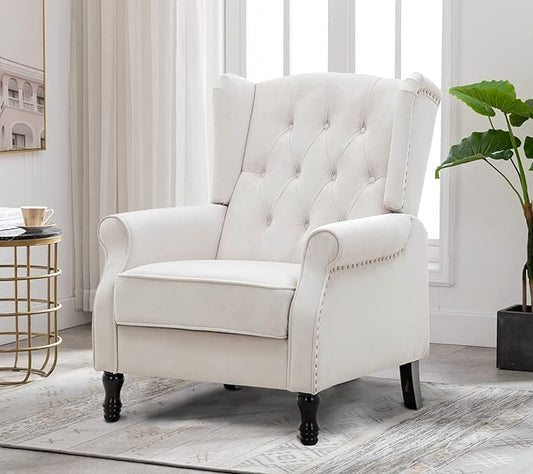 Artechworks Winged Velvet Modern Accent Chair Tufted Arm Club Chair Linen Single Sofa with Wooden Legs Comfy Upholstered for Reading Living Room Bedroom Office, Beige