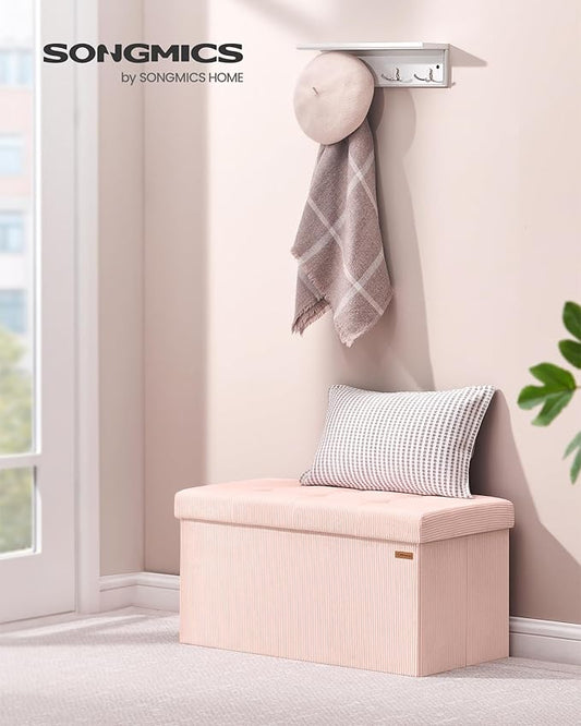 SONGMICS Mazie Collection - Storage Ottoman Bench, Foldable Foot Rest, 15 x 30 x 15 Inches, End of Bed Bench, Storage Chest, Load 660 lb, Living Room, Bedroom, Entryway, Jelly Pink ULSF603R01