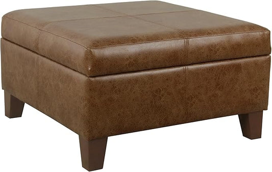 HomePop Faux Leather Square Storage Ottoman with Wood Legs, Brown