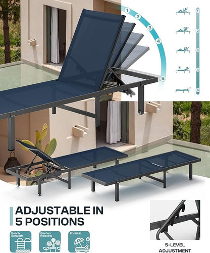 Pool Lounge Chairs Set of 2，Outdoor Lounge Chairs with Wheels and 5-Position Recliner -Easy to Move- Aluminum Patio Lounge Chair for Poolside, Deck (Navyblue)