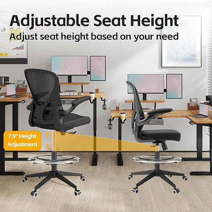 Drafting Chair, Ergonomic Tall Office Chairs for Standing Desk, Home Office Desk Chair with Lumbar Support and Adjustable Flip-up Armrests & footrest (06H-Black)