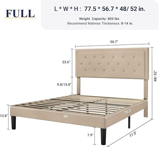 Allewie Full Size Button Tufted/Fabric Upholstered Bed Frame with Adjustable Headboard/Wood Slat Support/Mattress Foundation/Beige