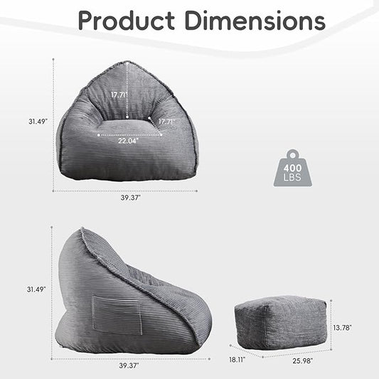 Cloud Bean Bag Chair with Ottoman for Adults, Comfy Corduroy Chaise Lounge Chair with High-Resilience Foam, Oversized Boneless Reading Chair for Bedroom & Living Room