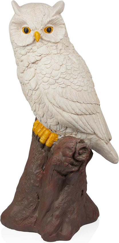 Alpine Corporation JUM584 Indoor Outdoor Life Like Owl on Tree Trunk Garden Static, Rustic Owl Statue for Yard, 28" Tall, White