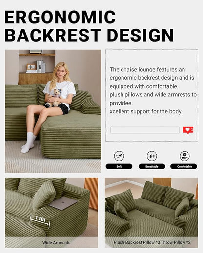 95 Inch Cloud Sectional Couch,Modular Sectional Sofa with Deep Seat,Modern Corduroy Boneless Couches with L-Shape Chaise for Living Room Bedroom,No Assembly Required (Green, Right Facing Chaise)