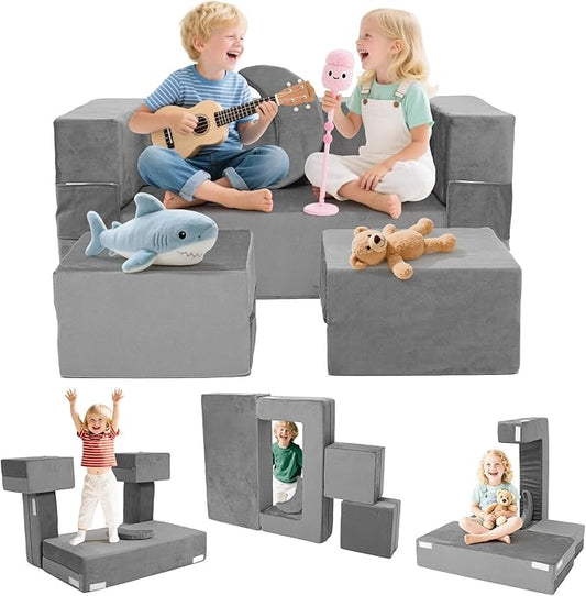 5 Pcs Modular Kids Play Couch, Toddler Couches That Fold Out, Plush Foam Chair for Children’s Playroom, Velvet Fabric Convertible Foam and Floor Cushion for Boys and Girls (Dark Gray,02)