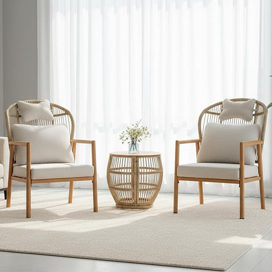 Modern Living Room Chairs, Accent Chairs Set of 2 with Coffee Table, Comfy Arm Chair with Cushions, Rattan Reading Lounge Chair with Metal Frame, Armchair for Bedrooom/Indoor/Outdoor, Beige
