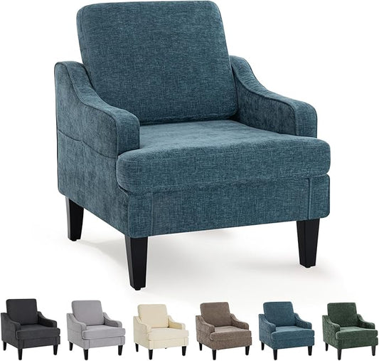Modern Accent Chair for Bedroom Upholstered Reading Chair with Side Pockets Comfy Living Room Chairs Living Room Armchair for Office, Apartment (Blue Chenille)