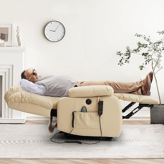 Dual Motor Large Power Lift Recliner Chair for Elderly with Heat and Massage,Lay Flat Lift Chairs Recliners for Seniors Infinite Position,USB Ports&Remote, Genuine Leather (Beige)