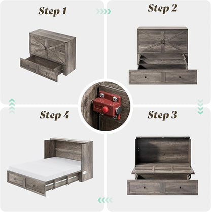 Full Murphy Bed with 6" White Tri-Fold Memory Foam Mattress, Storage Drawer & Charging Station, Space-Saving Design for Home Office or Guest Room, Rustic Grey