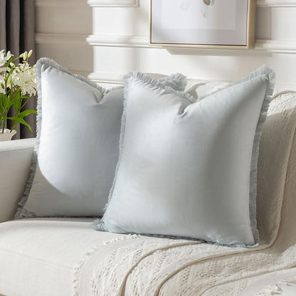 FUTEI Light Blue Velvet Decorative Throw Pillow Covers 16x16 Set of 2,Soft Cozy Edge with Tassels Cushion Case,Boho Modern Home Decor for Couch Bed Living Room
