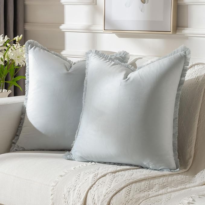 FUTEI Light Blue Velvet Decorative Throw Pillow Covers 24x24 Set of 2,Soft Cozy Edge with Tassels European Cushion Case,Boho Modern Home Decor for Couch Bed Living Room