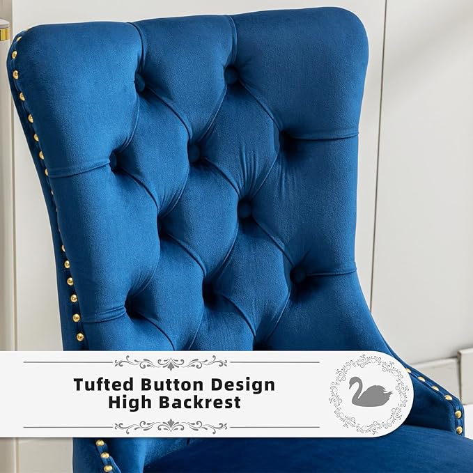 Velvet Upholstered Dining Chairs Set of 4, Modern Style Kitchen Side Chairs with Nailhead Trim and Gold Plated Leg, Metal Pulling Ring for Dining Room Living Room(Blue-Gold Plated Leg)