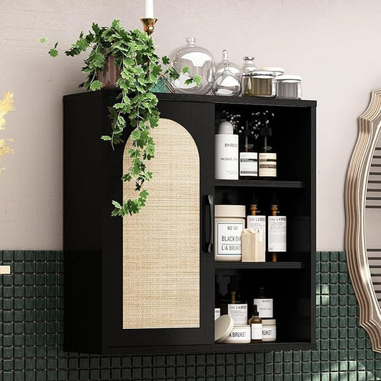 RUSTOWN Boho Rattan Wall Cabinet, Midcentury Bathroom Cabinet with Sliding Door, Adjustable Shelves, Over The Toilet Storage Cabinet (Black)