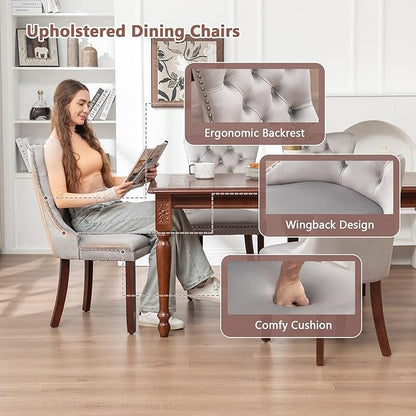 Velvet Dining Chairs Set of 4, Upholstered Dining Room Chairs with Nailhead Ring Pull, Button Tufted Wing Back Chairs for Dining with Solid Wood Legs for Kitchen Dining Room(Light Grey)