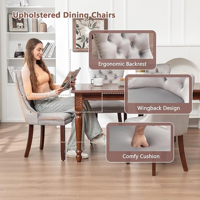 Velvet Dining Chairs Set of 2, Tufted Dining Room Chairs with Nailhead Ring Pull Trim, Upholstered Dining Chairs with Solid Wood Legs for Kitchen Dining Room (Light Grey)