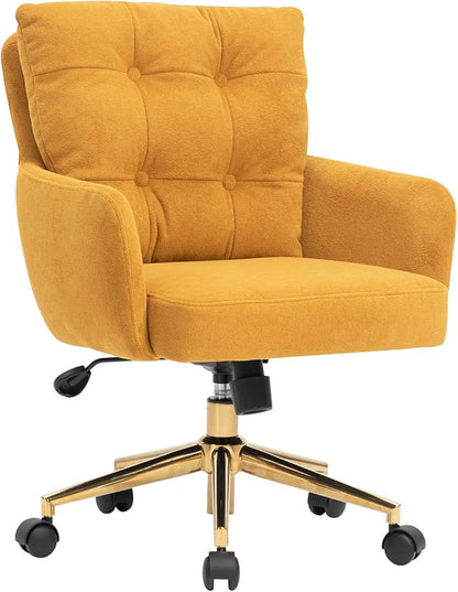 Velvet Office Chair, Comfy Home Office Desk Chairs with Lumbar Support, Modern Velvet Desk Chair Gold Legs Small Swivel Task Chair for Home Office, Bedroom, Study (Yellow, XL)