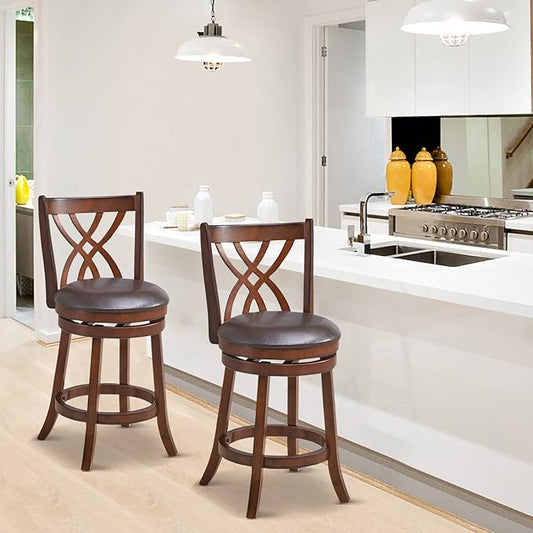 COSTWAY Bar Stools Set of 2, 360° Swivel Chairs with Rubber Wood Frame, 26 Inches PU Leather Cushioned Seat and Footrests, for Kitchen Island, Dining Room, Bar (Brown-26 inches, 2 stools)