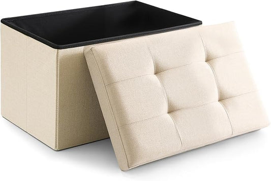 CUYOCA Storage Ottoman Cube Small Footrest Foldable Seat Foot Stools Square Tufted Ottoman Linen Beige