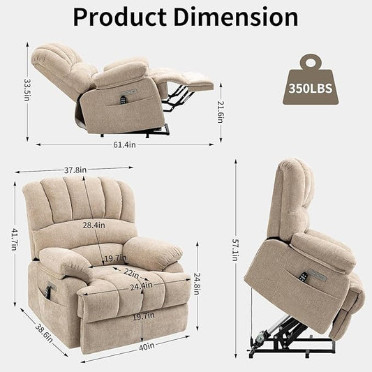 Power Recliner with Vibration Massage & Lumbar Heat, Electric Lift Chairs for Elderly, High Back Reclining Max 155 Degree with Charging Ports, Chenille Fabric Beige