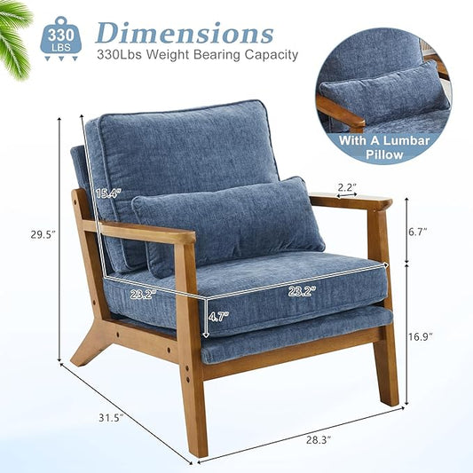 VINGLI Solid Wood Wide Armrests Accent Chair Set of 2,Upholstered Mid Century Modern Chair with Pillow,Comfy Reading Chair Farmhouse,Chairs Living Room,Bedroom,Guest Room,Chenille Fabric,Dark Blue