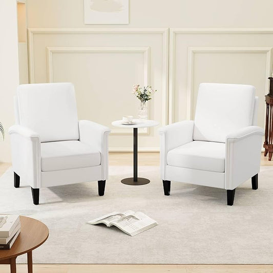 GOFLAME Modern Accent Chairs Set of 2, Comfy Upholstered Armchairs with Rubber Wood Legs and Thick Padded Cushion, High Back Single Sofa Chairs, Reading Side Chairs for Living Room, Bedroom, White