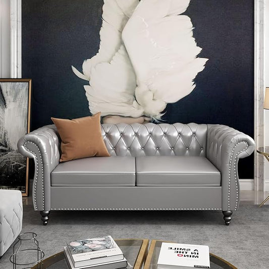 Chesterfield Loveseat Sofa, Modern Leather Small Sofa Couch 2 Seater with Rolled Arms and Nailhead, Mid Century Modern Loveseat Couch for Small Spaces Living Room Bedroom Apartment, Grey