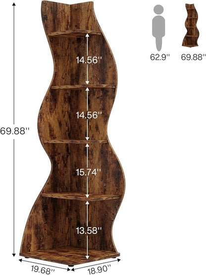 Tribesigns Corner Shelf, Rustic 5-Tier Wall Corner Bookshelf, Stylish Corner Small Bookcase Storage Rack Plant Stand with Unique Shape for Living Room, Home Office (2PCS, Brown)