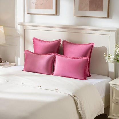 FUTEI Hot Pink Velvet Decorative Throw Pillow Covers 18x18 Set of 2,Soft Cozy Edge with Tassels Cushion Case,Boho Modern Home Decor for Couch Bed Living Room