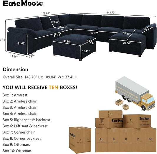 EASE MOOSE Oversized U Shape Sectional Couch Wide Deep seat Modular Cloud Sofa,FSC Certified Comfortable Chenille Blue Cloud Couch sectional Sofa