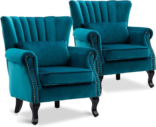 Accent Reading Arm Chairs Set of 2 Midcentury Modern Comfy Corner Sofa Chair, Wingback Waiting Room Club Chair with Tufted Back for Living Room/Bedroom/Reception Room, Velvet Teal