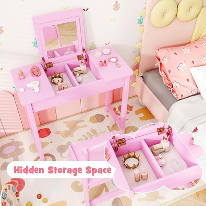 HONEY JOY Kids Vanity, Wooden Girls Vanity Desk with Flip Top Mirror, Hidden Storage Space, Toddler Makeup Vanity Dressing Table, Pretend Play Kids Vanity Table and Chair Set (Pink)