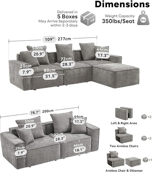 WILLOVE Modular Sectional Sofa Set, Chenille Cloud Couch with Wide Armrests & 8 Pillows, Deep Seat Couches for Living Room, 6-Seater Grey