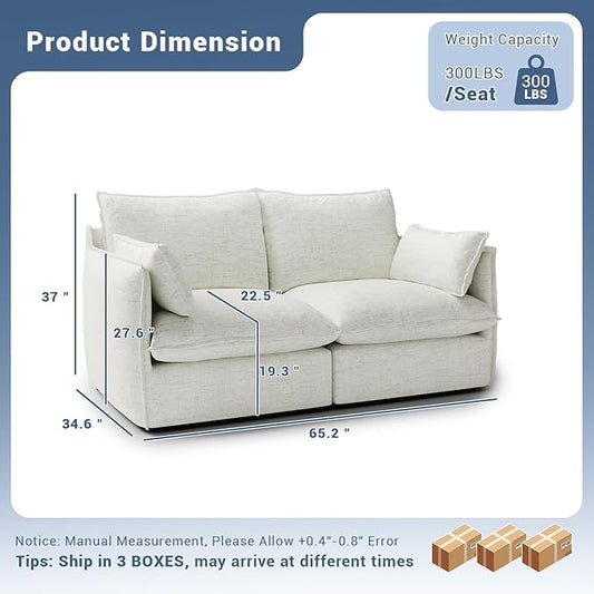 Cloud Modular Sectional Sofa, Waterproof Down Filled Sectional Sofa, High Backrest Loveseat Sectional Couches for Living Room, Modern Modular Couch with Removable Cover, Cream White