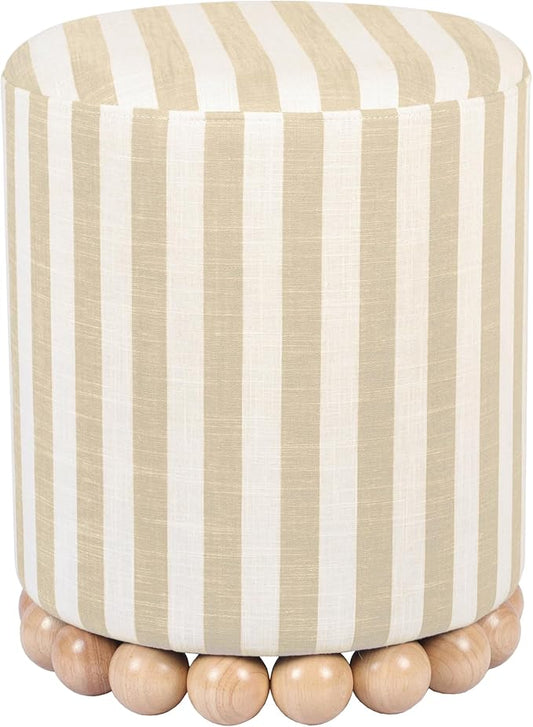 First of a Kind Ottoman Foot Rest - Beige Round Ottoman Stool with Solid Wood Spherical Orbs - 15.7" W x 15.7" D x 18.3" H - Handmade, Easy Clean, 330 lbs Weight Capacity