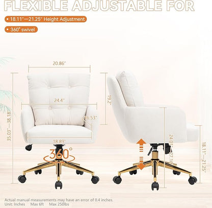 Plush Fabric Office Chair Vanity Chair Comfy Home Office Desk Chairs with Lumbar Support, Modern Plush Fabric Desk Gold Legs Swivel Task for Home Office Bedroom Study White Upgraded Version