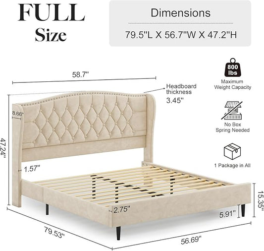 Belffin Full Size Bed Frame with Headboard, Upholstered Velvet Luxury Bed Frame with Wingback, Anti-Slide Tall Footboard, Button Tufted & Nailhead Trim, Noise-Free, No Box Spring Needed, Beige