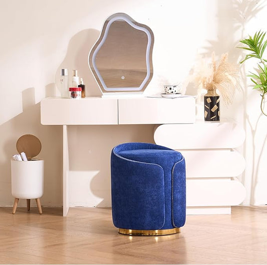 Swivel Vanity Stool with Back Comfy Vanity Chair with Gold Base Modern Round Stool for Makeup Vanity Ottoman Foot Rest for Bedroom livingroom (Navy)