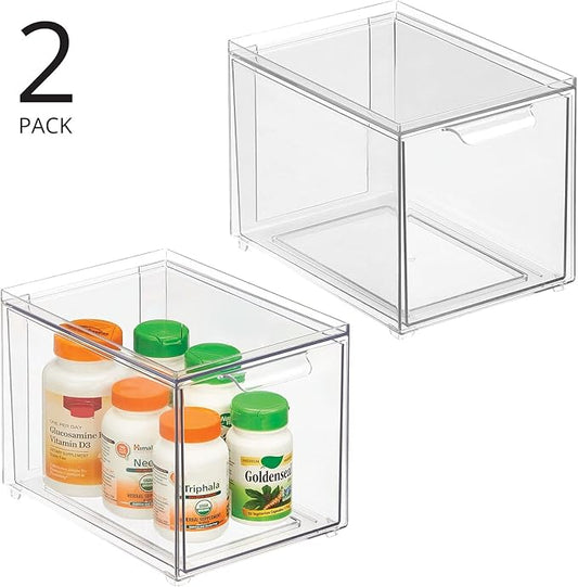 mDesign Plastic Bathroom Organizer Bin w/Pull Out Drawer - Slim Stackable Storage Container for Bathroom Accessories - Perfect for Organizing Bathroom Cabinet - Lumiere Collection - 2 Pack - Clear