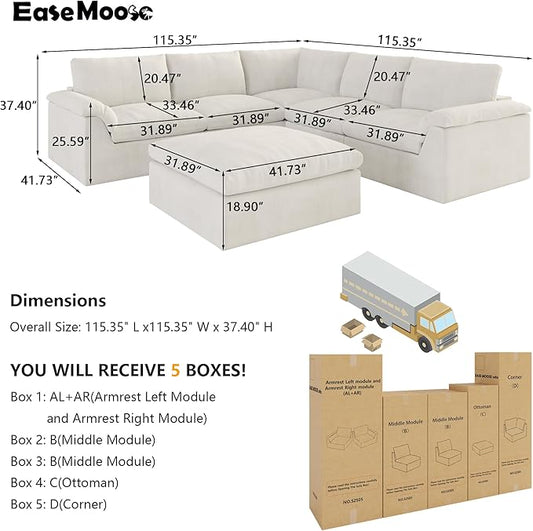 EASE MOOSE Boneless Modular Cloud Couch, Oversized L-Shaped Sectional Sofa for Living Room with Ottoman, Extra Large Movable Couches, 6-Deep-Seat Sofas for Bedroom, Apartment, Chenille (White)