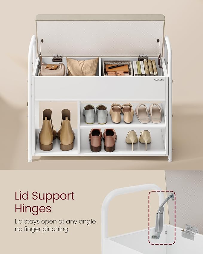 VASAGLE Shoe Bench, Shoe Rack, Entryway Furniture, Inner Storage Under The Lid, PU Pockets, Convenient Handles, for Entryway, Living Room, Bedroom, Cloud White and Cuppuccino Beige ULSB052W01