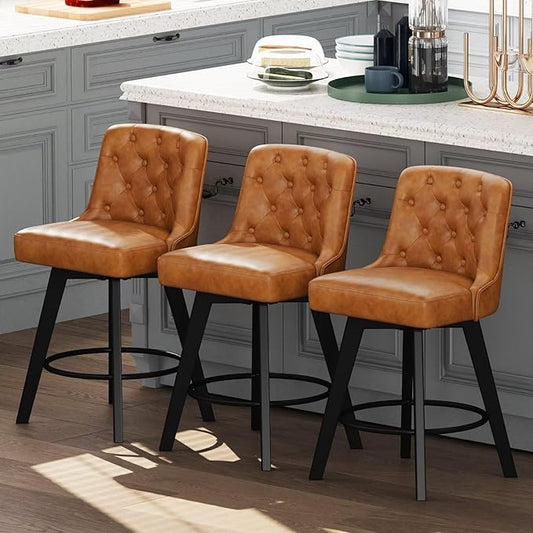 MINCETA Bar Stools Set of 3, PU Leather Barstools, 26 Inch Upholstered Counter Stools with Low Tufted Back and Footrest, Swivel Counter Height Barstools for Kitchen Island Home Bar Brown