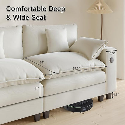 Cloud Couch, Modular Sectional Sofa with Ottoman, Charging Station, Throw Pillows, Cup Holders, Modern Convertible L Shaped Couches for Living Room, Bedroom (White, 152"- L Shape)