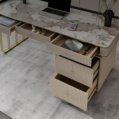 RUNNUP Stone top Computer Desk with 5 Drawers, Rectangular Home Computer Desk Writing Desk, Modern Executive Desk, Without Chairs, Khaki, 63" L x 23.5" W x 29.5" H