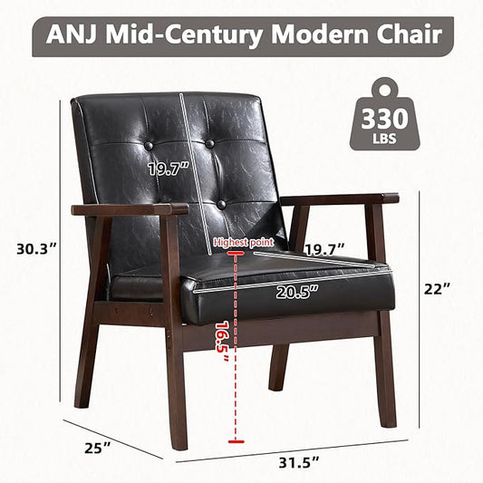ANJ Mid Century Modern Accent Chairs, Set of 2, Black Faux Leather, Button Tufted with Wood Frame, Living Room Armchairs
