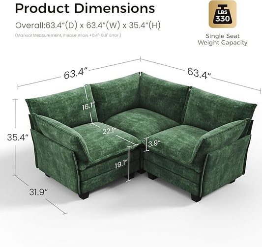 KKL Modular Sectional Sofa, V-Shaped 3 Seater Cloud Couch with Ottoman, Chenille Modern Sectional Couches for Living Room, Apartment Green