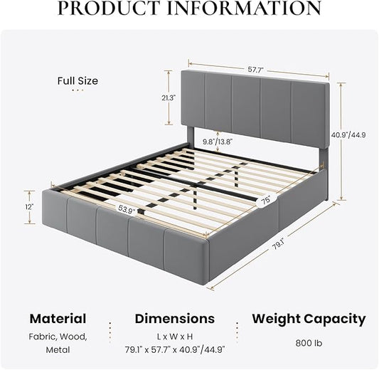SHA CERLIN Full Size Bed Frame, Velvet Upholstered Platform Bed, Vertical Channel Tufted Adjustable Headboard, Low Profile Bed Frame, No Box Spring Needed, Easy Assembly, Grey