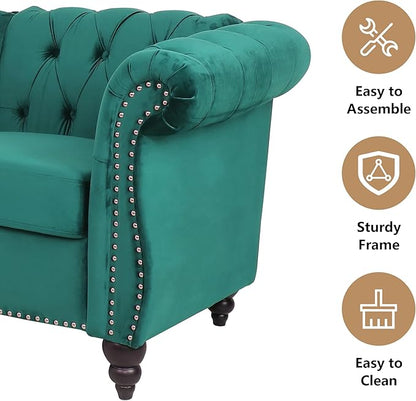 2 Piece Living Room Sofa Set, 3 Seater Velvet Sofa Couch and Chair Set, Mid Century Modern Upholstered Couch with Cushions, Comfy Tufted Chesterfield Couches for Living Room, Bedroom, Office