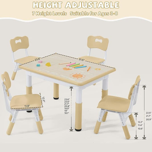 Adjustable Kids Table Chairs Set – Graffiti Desktop, Multi-Activity Height-Adjustable Toddler Study Desk for Ages 3-8 – Ideal for Home, Classroom, Daycare (W-Brown, 4 Chairs-31.5" L x 23.6" W)